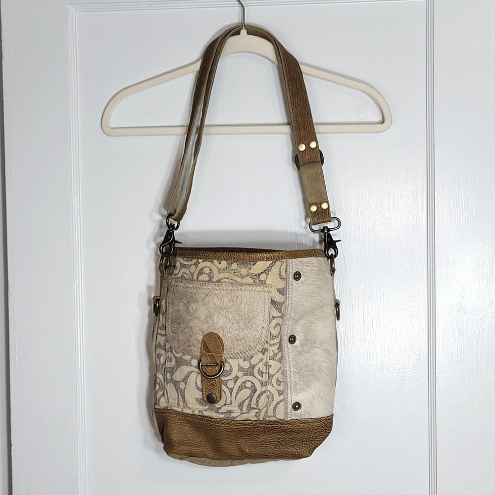 Myra Bag Womens Upcycled Canvas Leather Hair On Hide Crossbody Bag Tan Cream